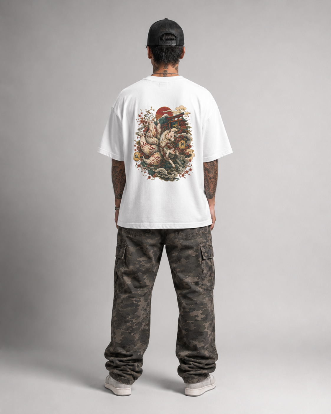 Foxfire Trail Japanese kitsune oversized T-shirt by KUROGANE