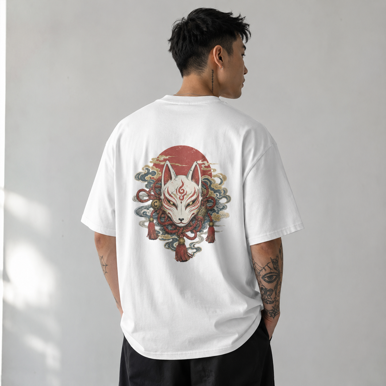 Veiled Kitsune Japanese fox mask oversized T-shirt by KUROGANE
