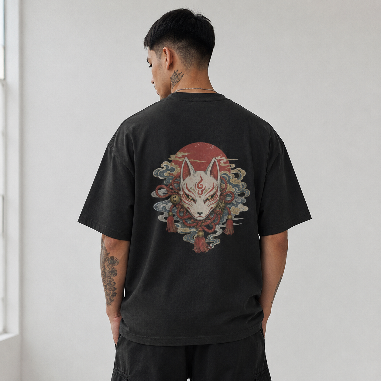 Veiled Kitsune Japanese fox mask oversized T-shirt by KUROGANE