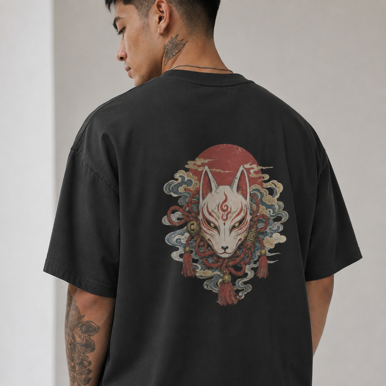Veiled Kitsune Japanese fox mask oversized T-shirt by KUROGANE