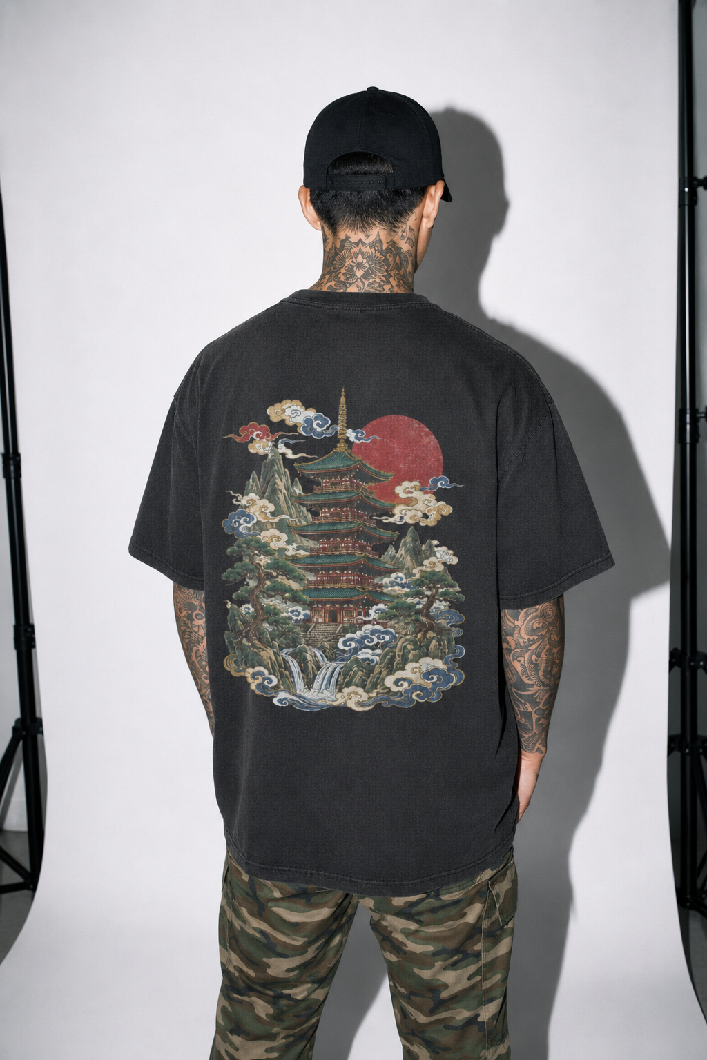 Last Light Pagoda Japanese tower oversized T-shirt by KUROGANE