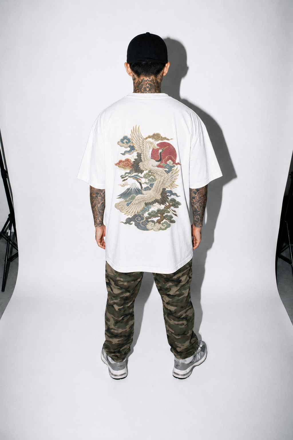 Moonlit Wings Japanese crane oversized T-shirt by KUROGANE