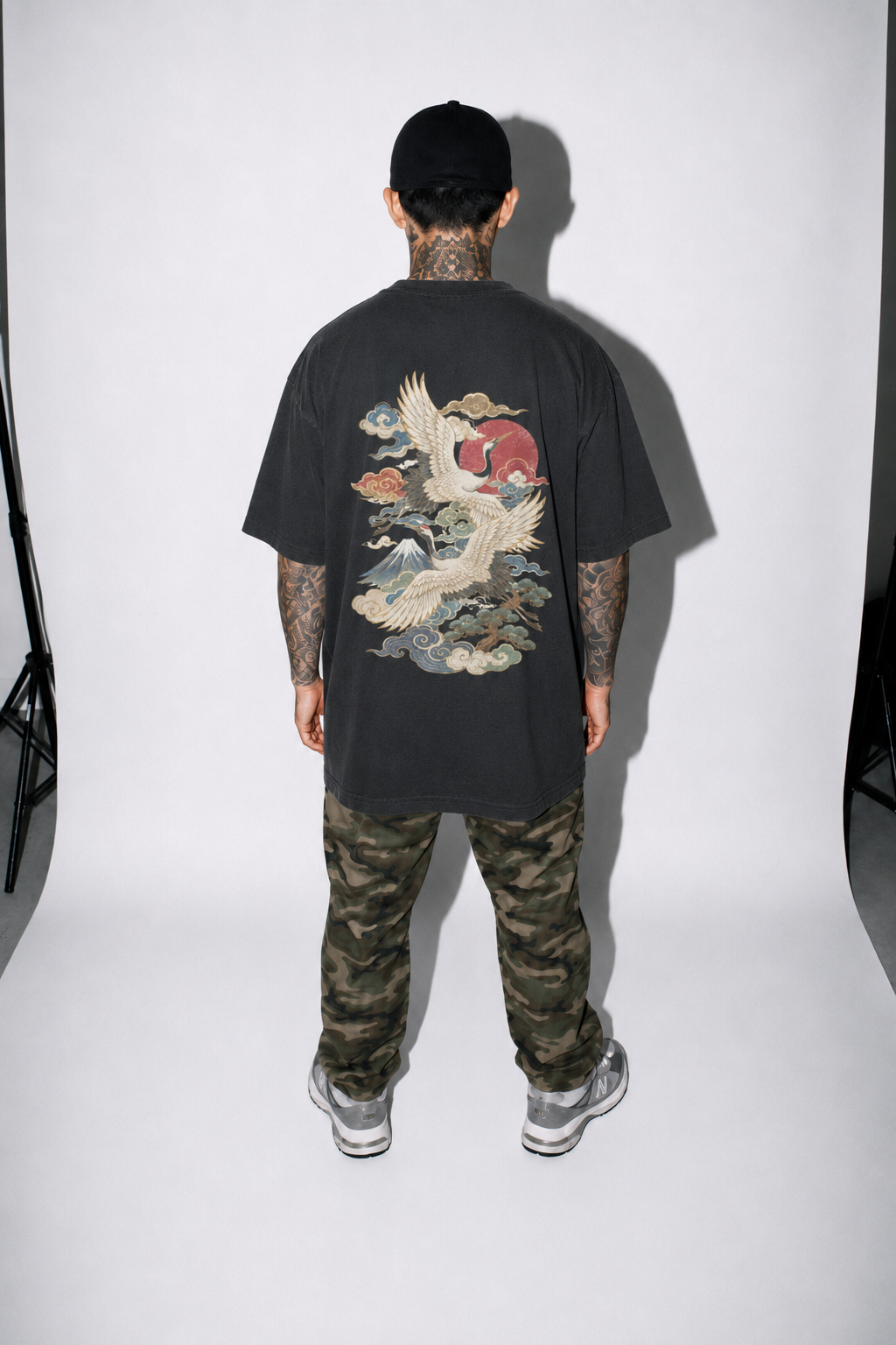 Moonlit Wings Japanese crane oversized T-shirt by KUROGANE