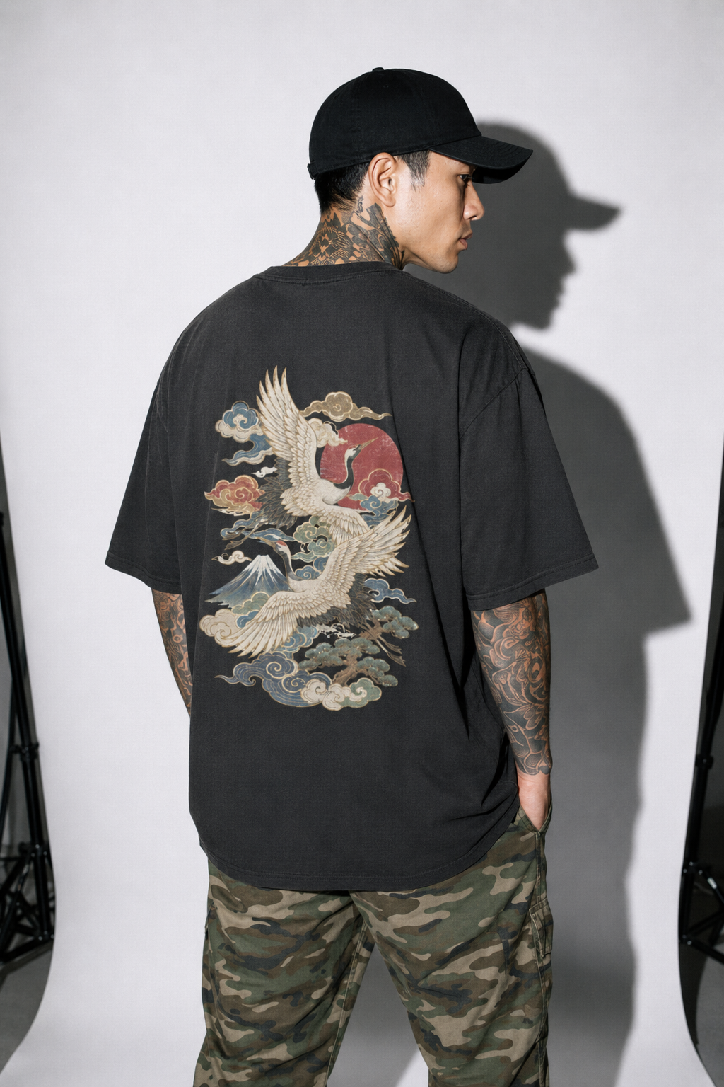 Moonlit Wings Japanese crane oversized T-shirt by KUROGANE