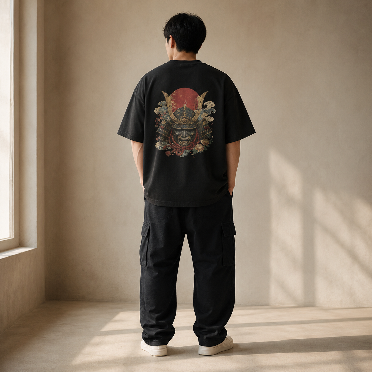 Gated Resolve Japanese warrior mask oversized T-shirt by KUROGANE