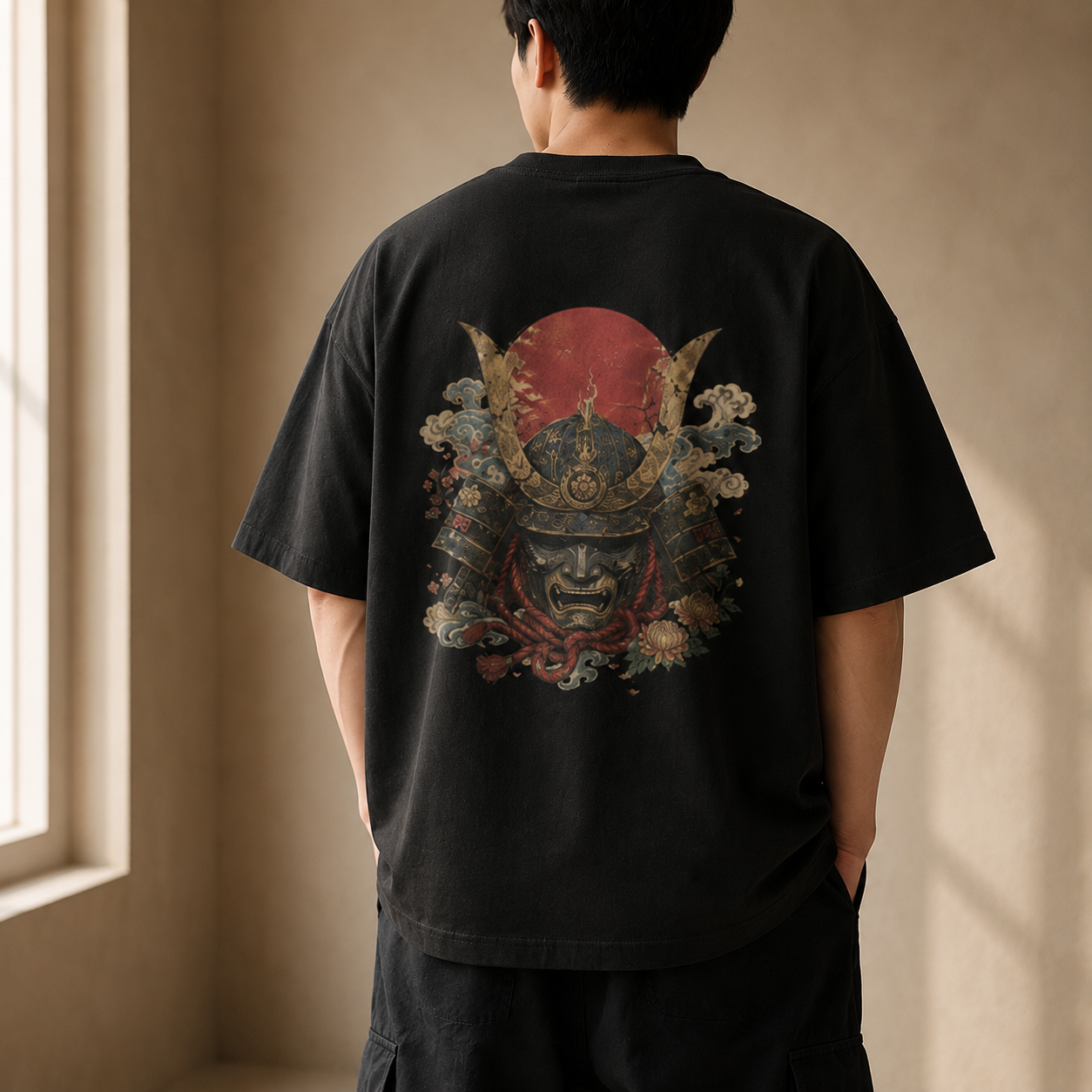 Gated Resolve Japanese warrior mask oversized T-shirt by KUROGANE