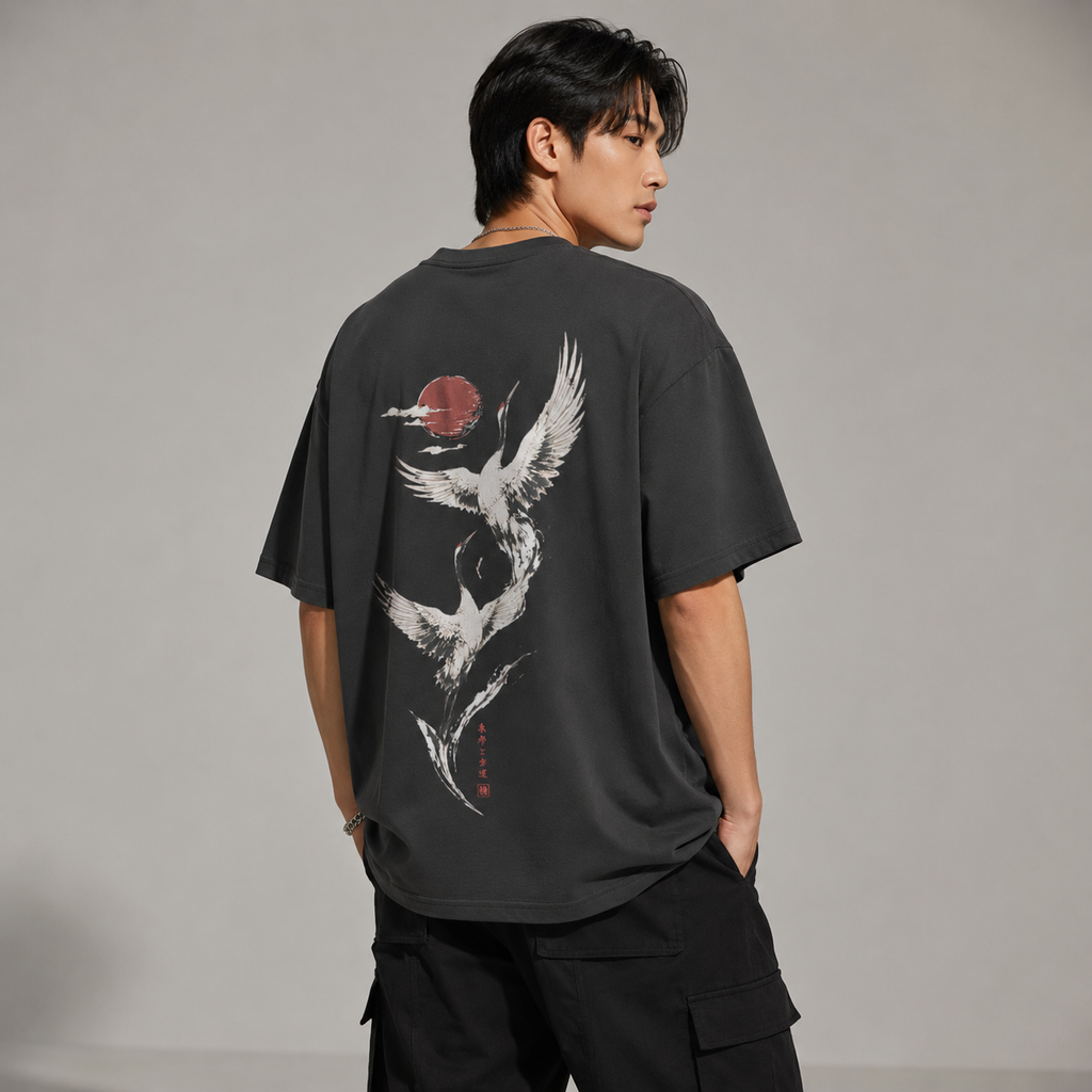 Twin Crane Moon — Japanese Crane Graphic T-Shirt