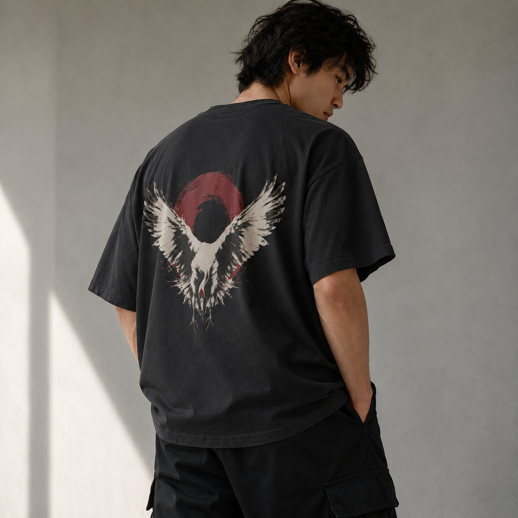 Red Moon Crane — Japanese Crane Graphic T-Shirt