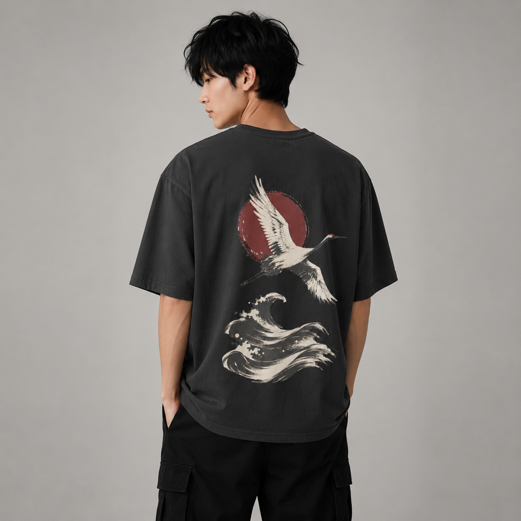 Crane Tide — Japanese Crane & Wave Graphic T-Shirt