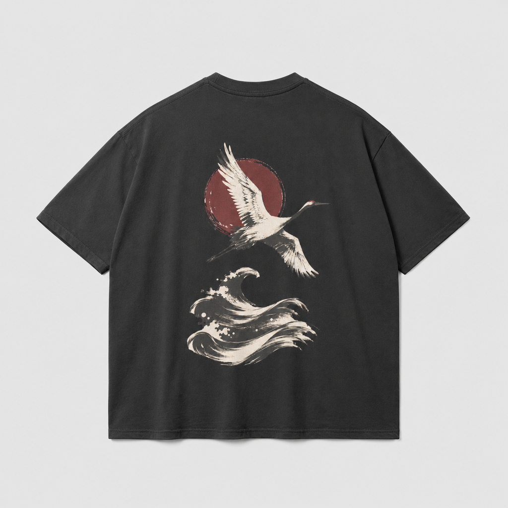 Crane Tide — Japanese Crane & Wave Graphic T-Shirt