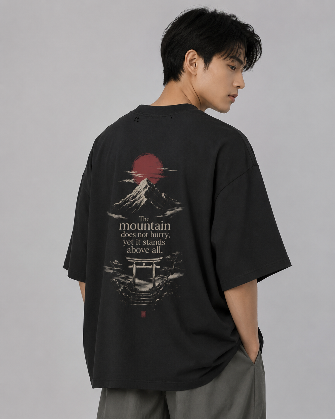 Model wearing the KUROGANE Above All heavyweight oversized Japanese mountain T-shirt