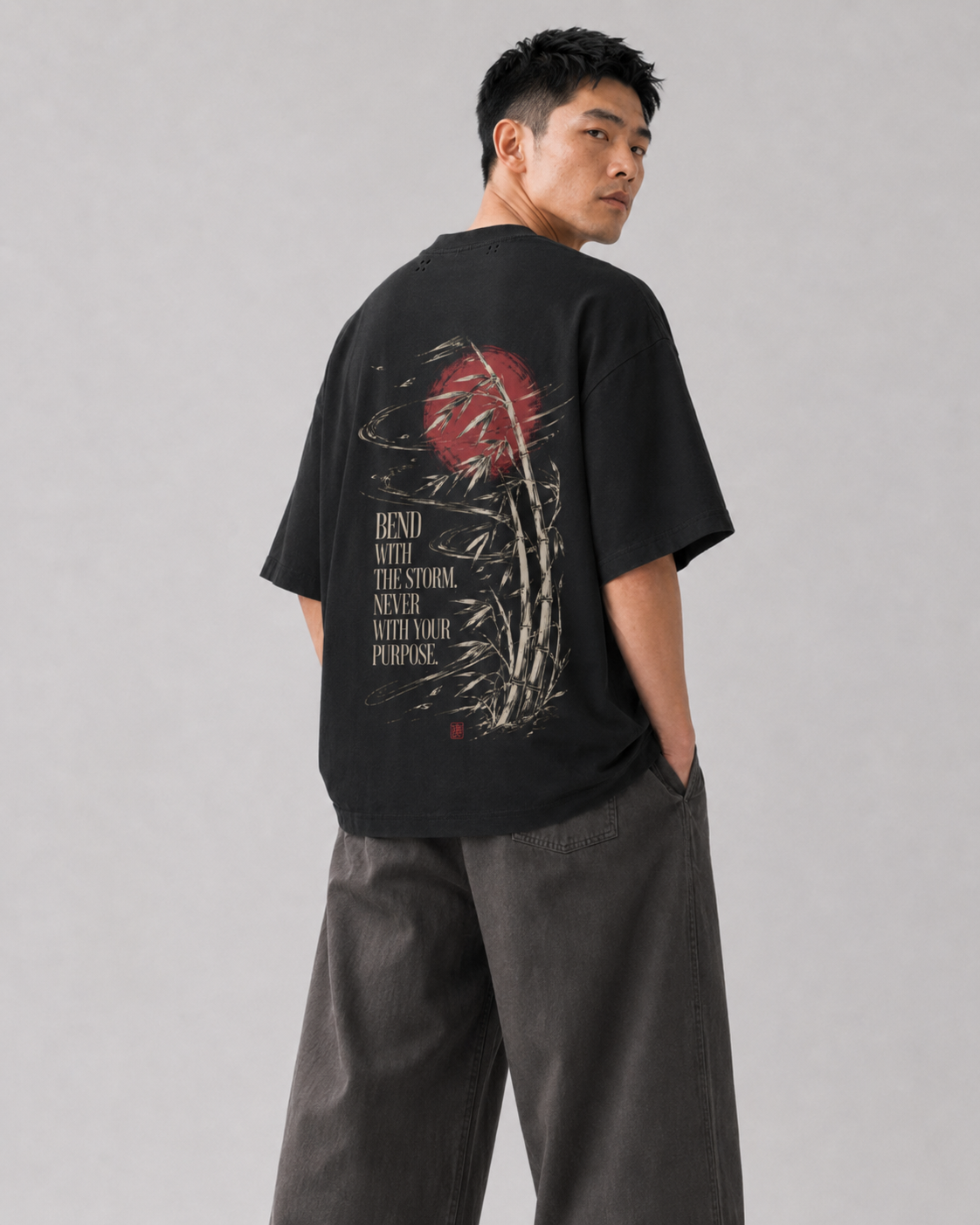 Model wearing the KUROGANE Bend With the Storm heavyweight oversized bamboo T-shirt