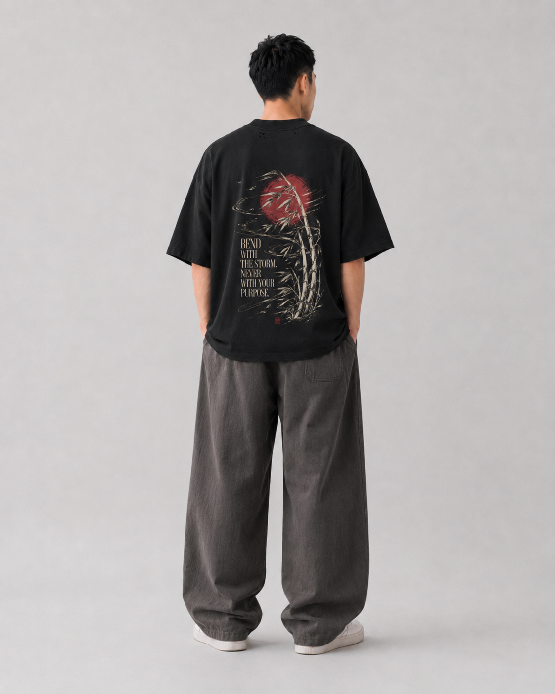 Model fit view of the KUROGANE Bend With the Storm oversized Japanese streetwear T-shirt