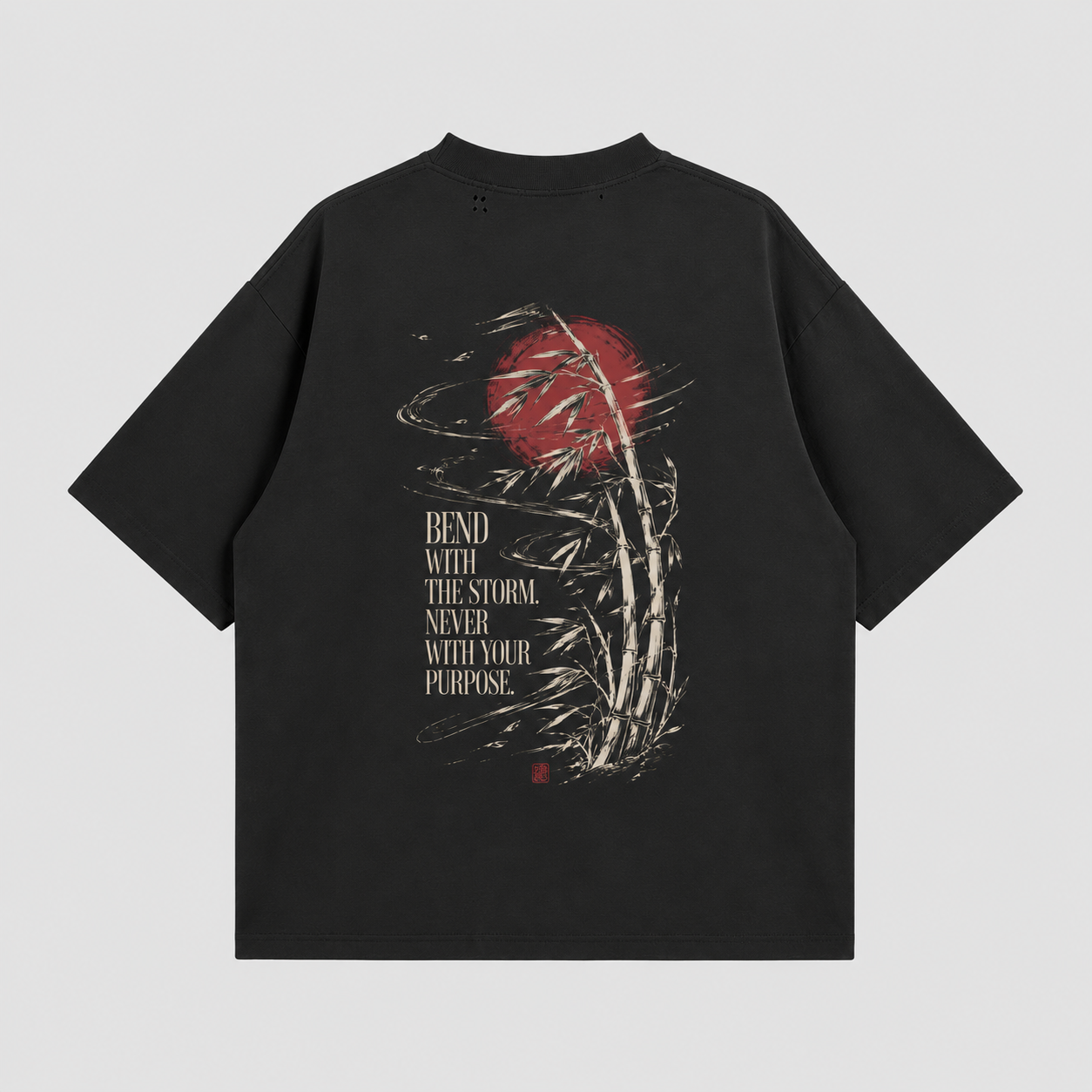 KUROGANE Bend With the Storm heavyweight oversized T-shirt product mockup with Japanese bamboo artwork