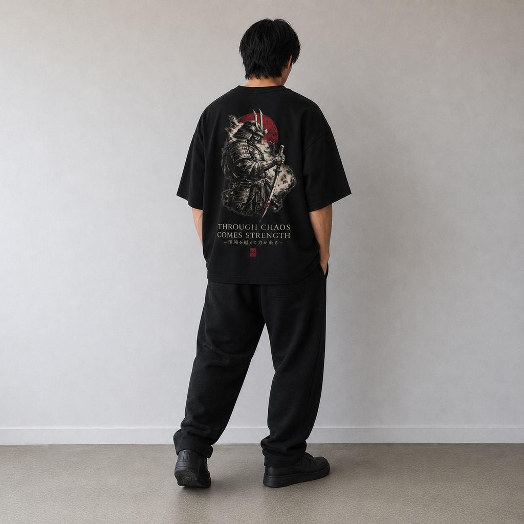 Black oversized KUROGANE t-shirt with CHAOS Strength graphic