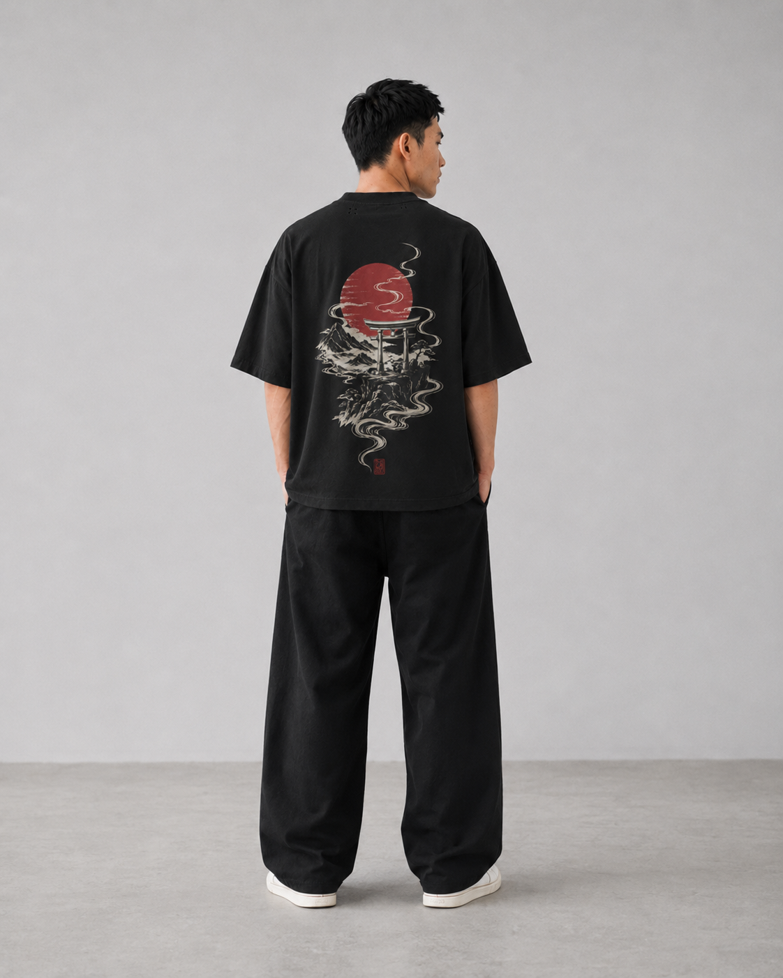 Model wearing the KUROGANE Crimson Torii heavyweight oversized Japanese mountain T-shirt