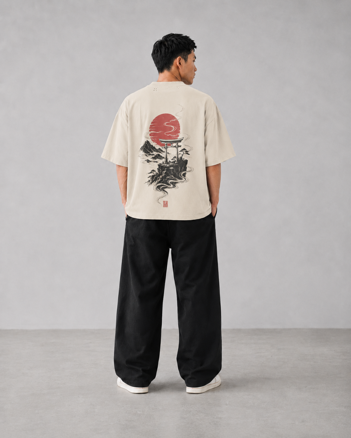Model fit view of the KUROGANE Crimson Torii oversized Japanese streetwear T-shirt