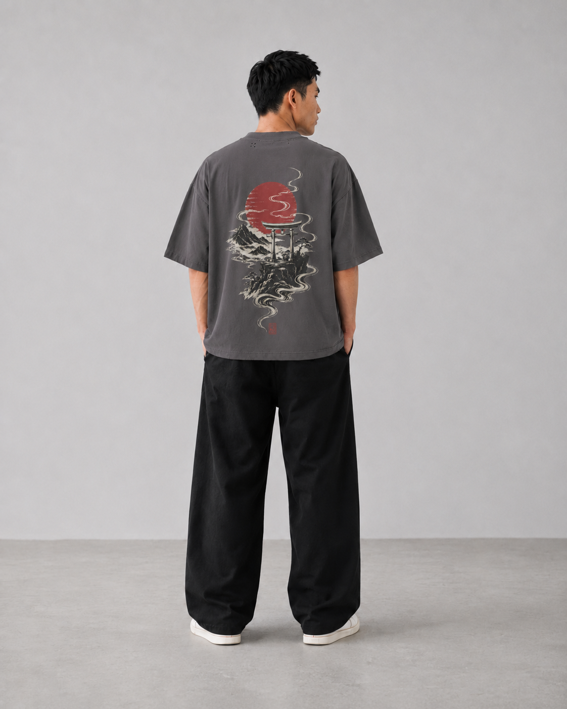 Model wearing the KUROGANE Crimson Torii oversized Japanese mountain streetwear tee