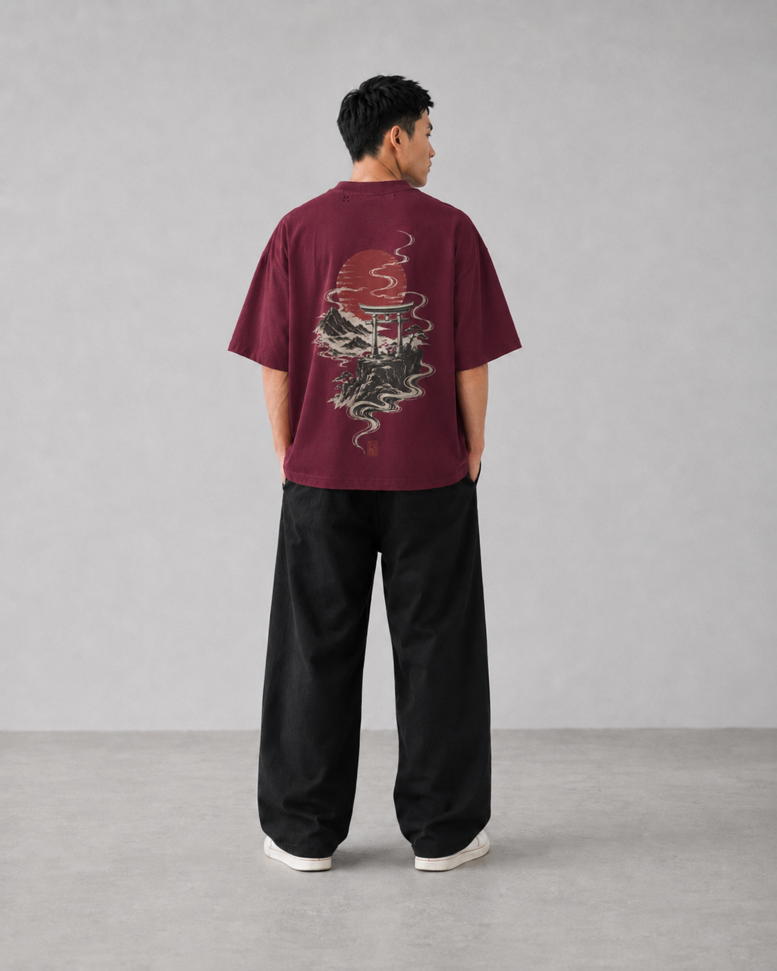 Model view of the KUROGANE Crimson Torii Japanese mountain oversized tee