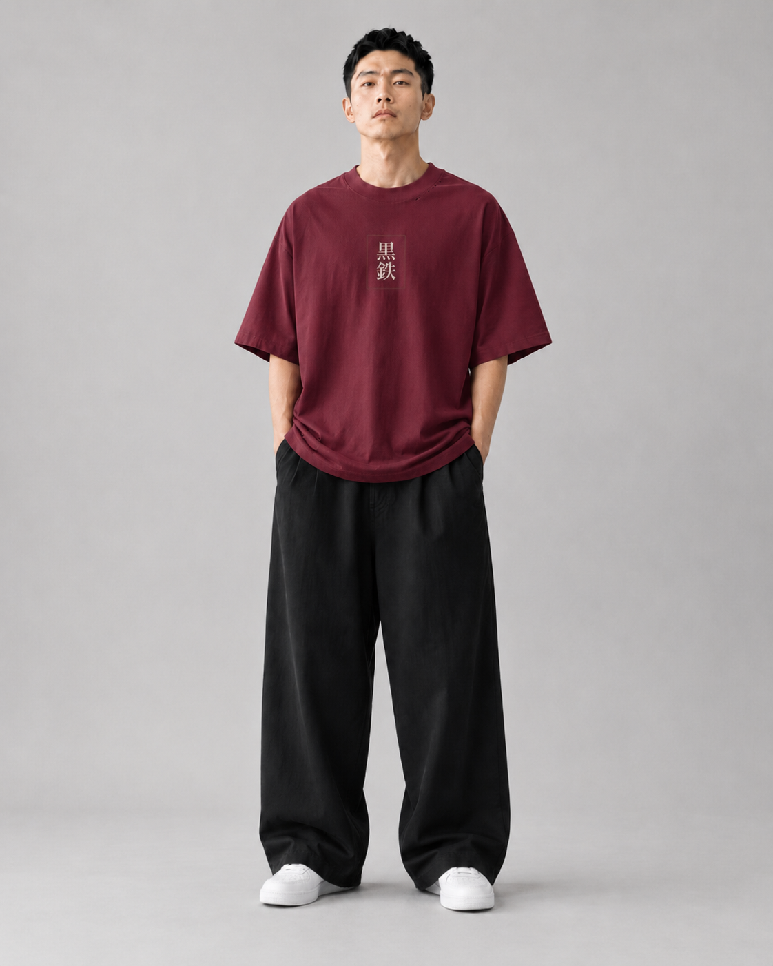 KUROGANE Crimson Torii oversized Japanese streetwear tee worn by a model