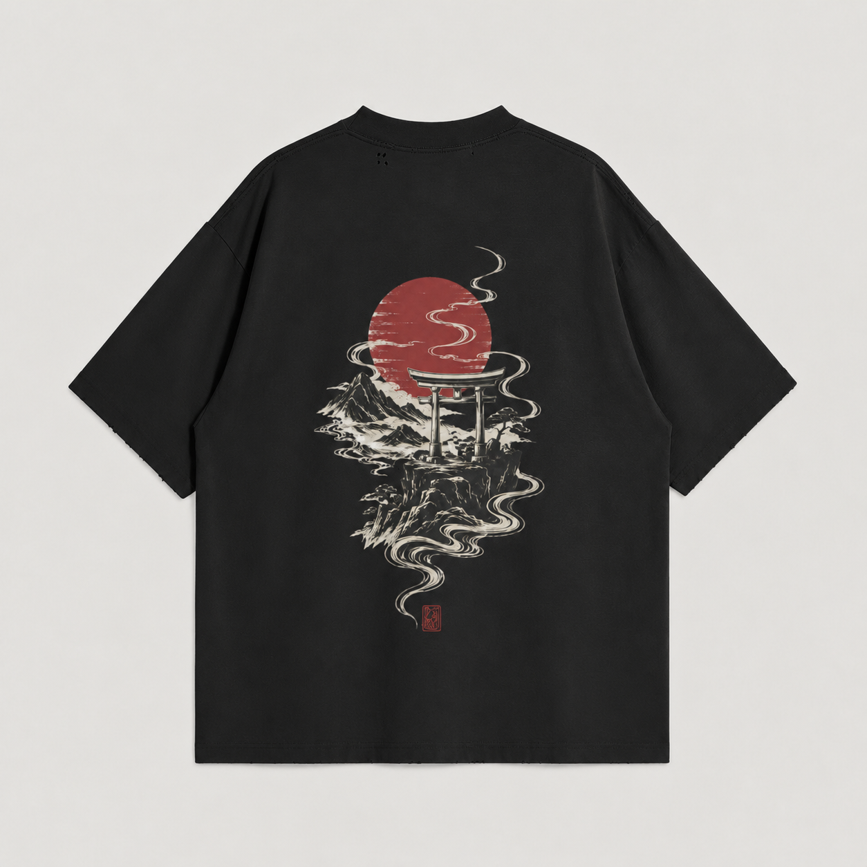 KUROGANE Crimson Torii heavyweight oversized T-shirt product mockup with Japanese mountain gate artwork