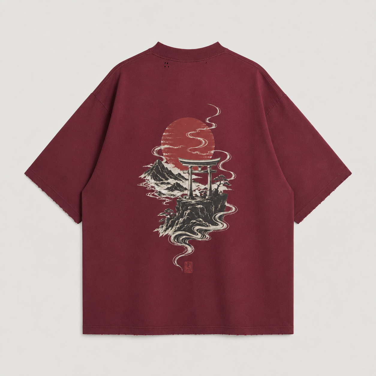 Product mockup of the KUROGANE Crimson Torii Japanese gate graphic T-shirt