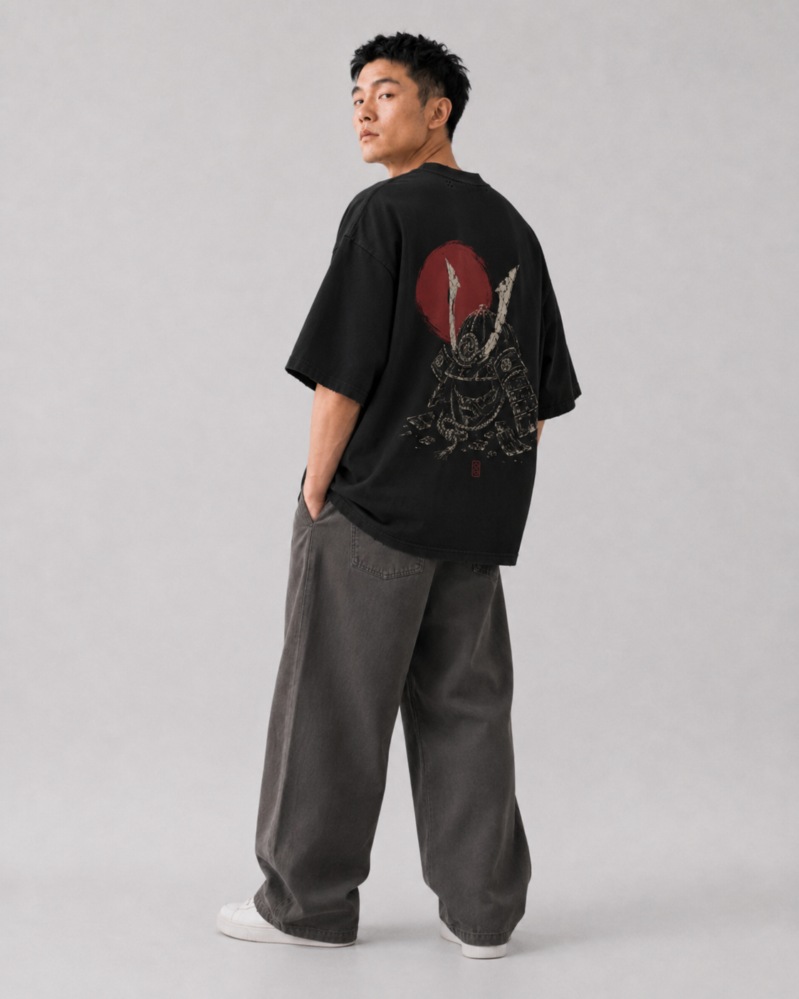 Model fit view of the KUROGANE Fallen Kabuto oversized Japanese streetwear T-shirt
