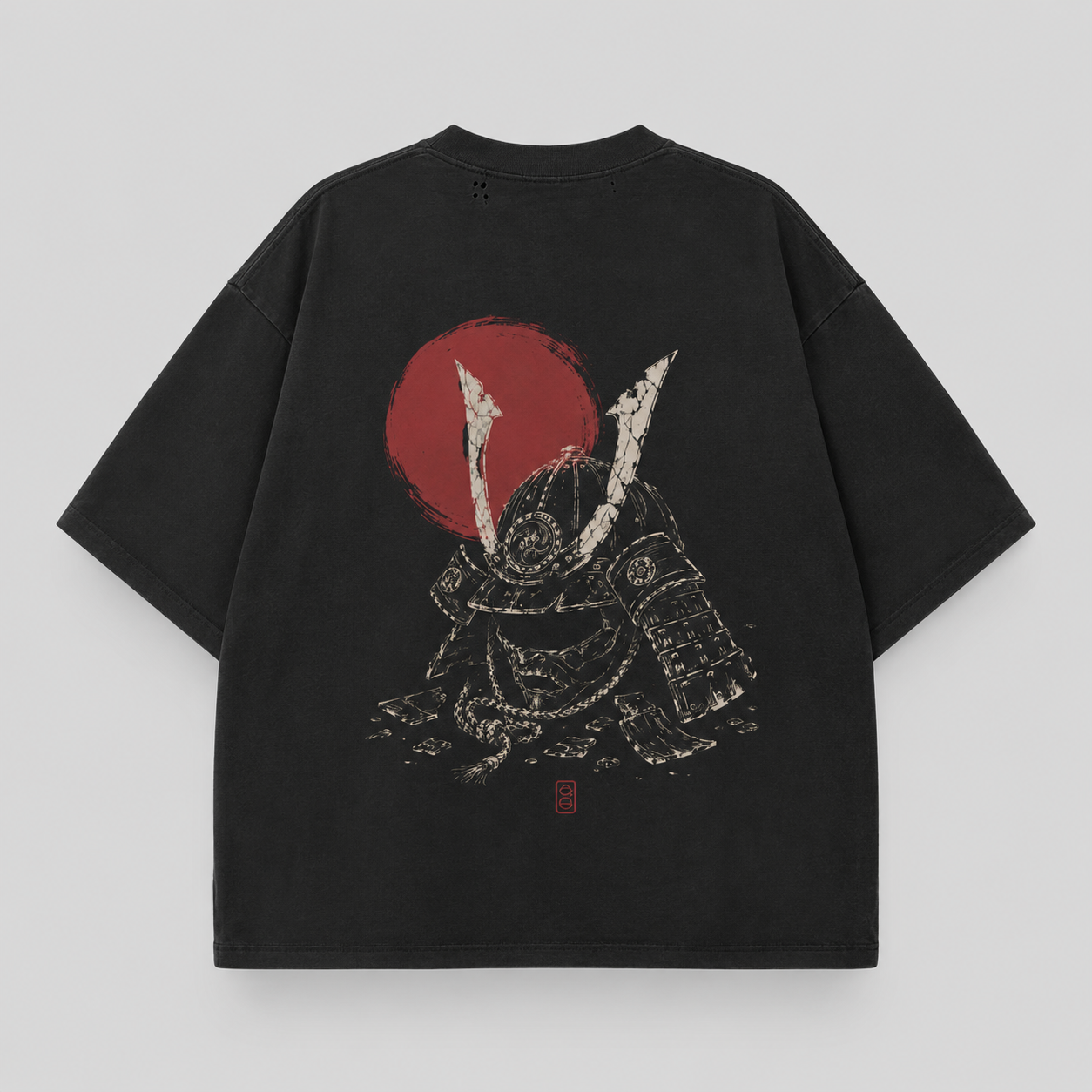 KUROGANE Fallen Kabuto heavyweight oversized T-shirt product mockup with samurai helmet artwork
