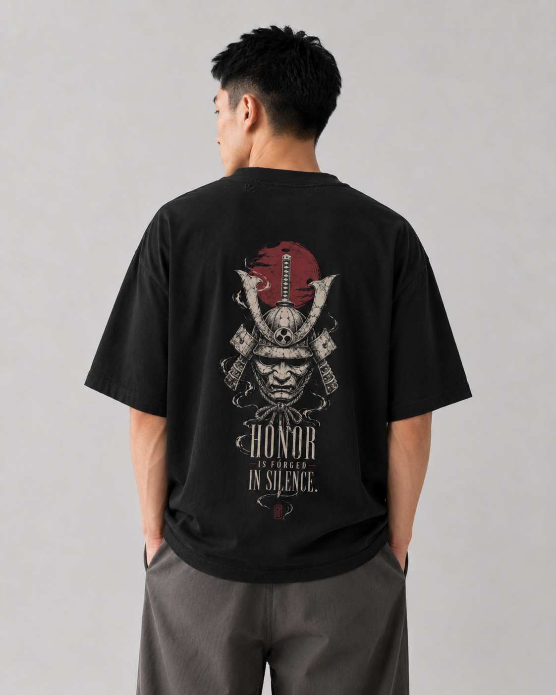 Model wearing the KUROGANE Forged in Silence heavyweight oversized samurai T-shirt