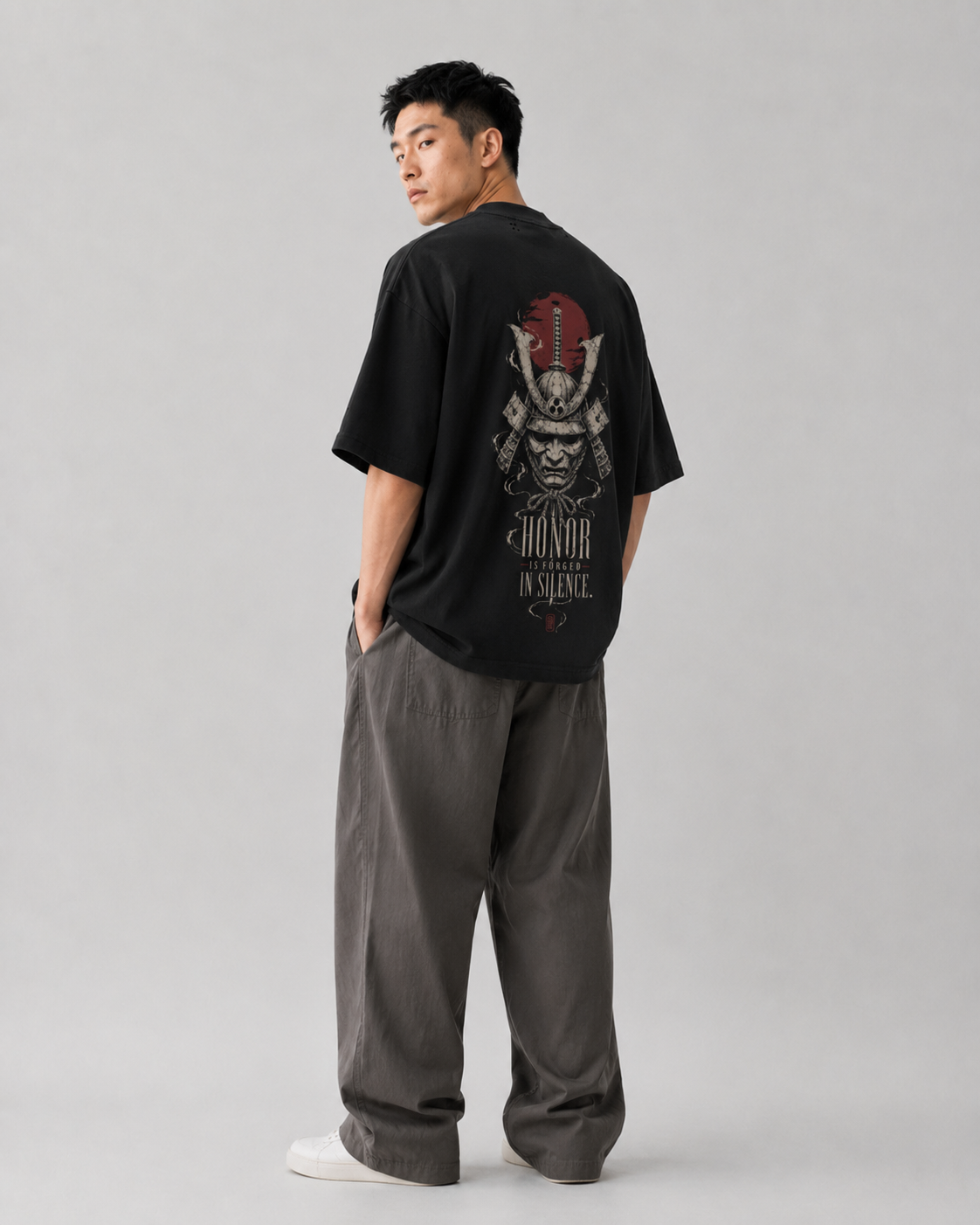 Model fit view of the KUROGANE Forged in Silence oversized Japanese streetwear T-shirt