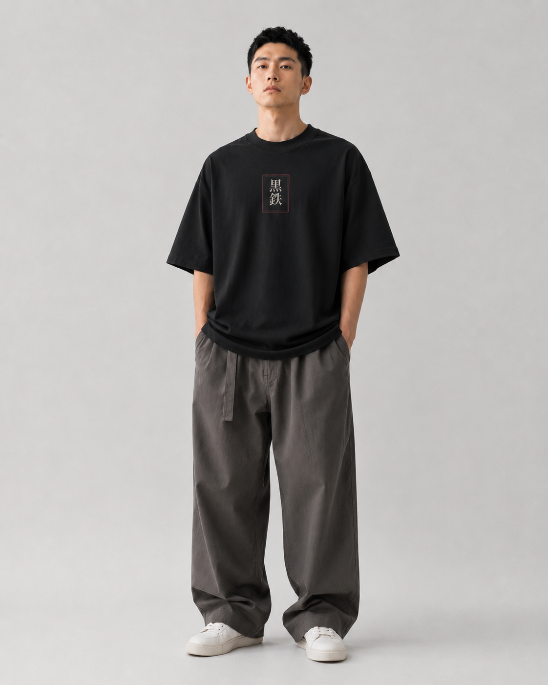 KUROGANE Forged in Silence heavyweight oversized Japanese samurai tee model view
