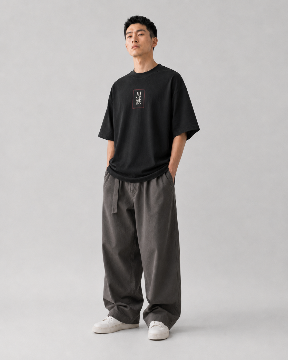KUROGANE Forged in Silence heavyweight oversized graphic T-shirt worn by a model
