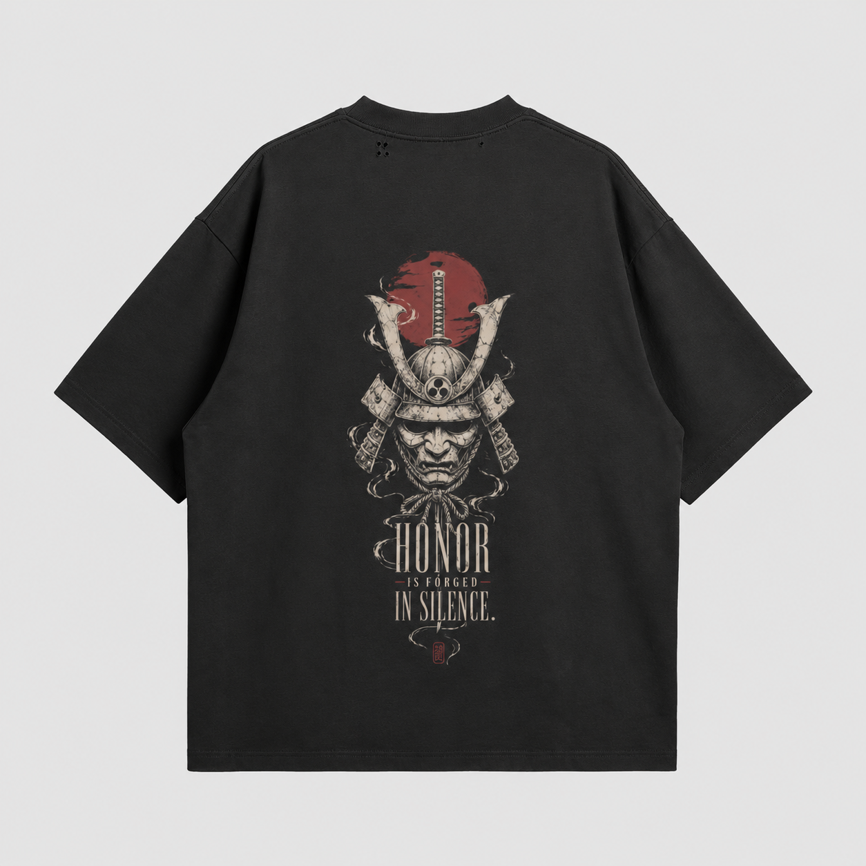 KUROGANE Forged in Silence heavyweight oversized T-shirt product mockup with samurai artwork