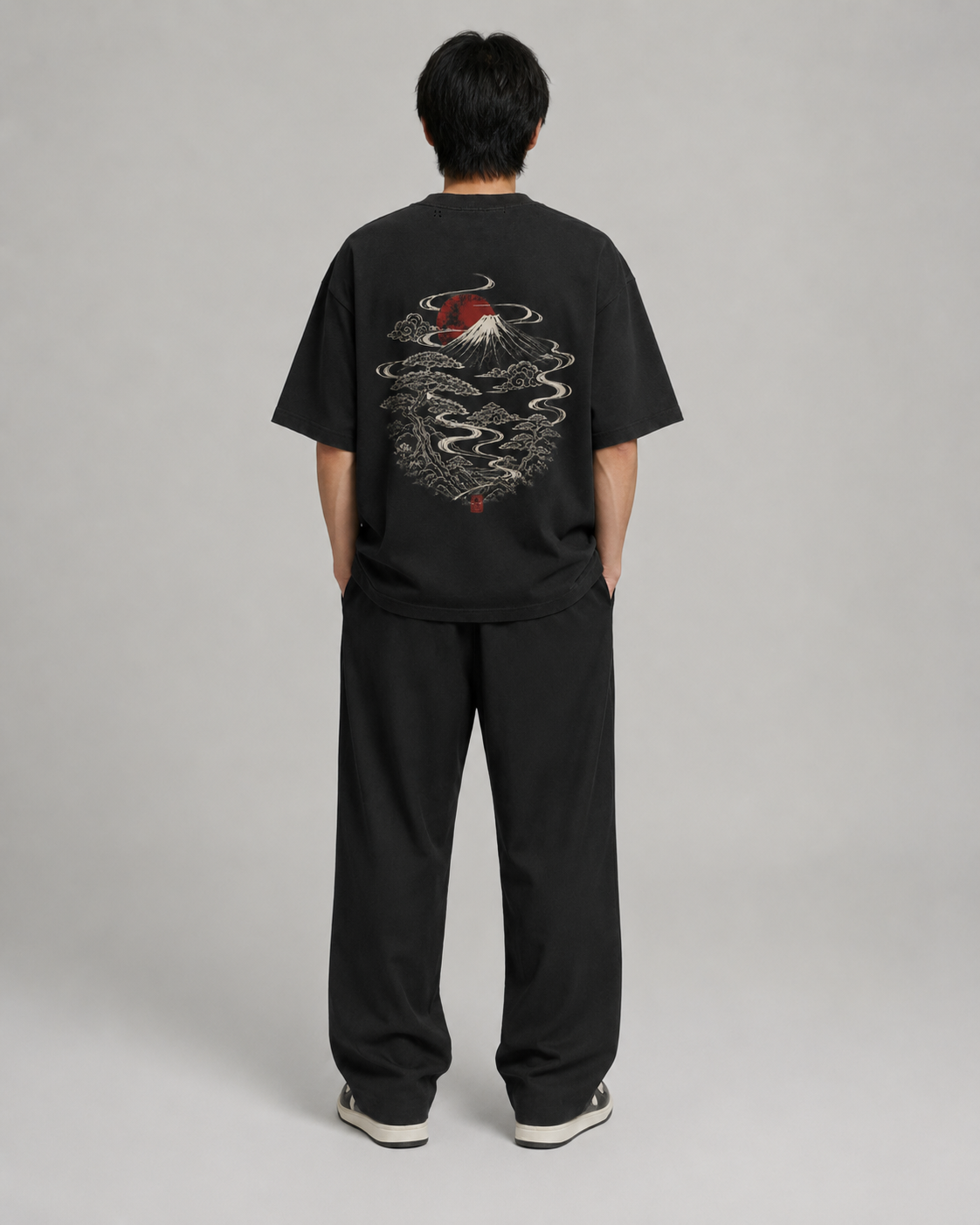 Model wearing the KUROGANE Fuji Riverveil heavyweight oversized Mount Fuji T-shirt