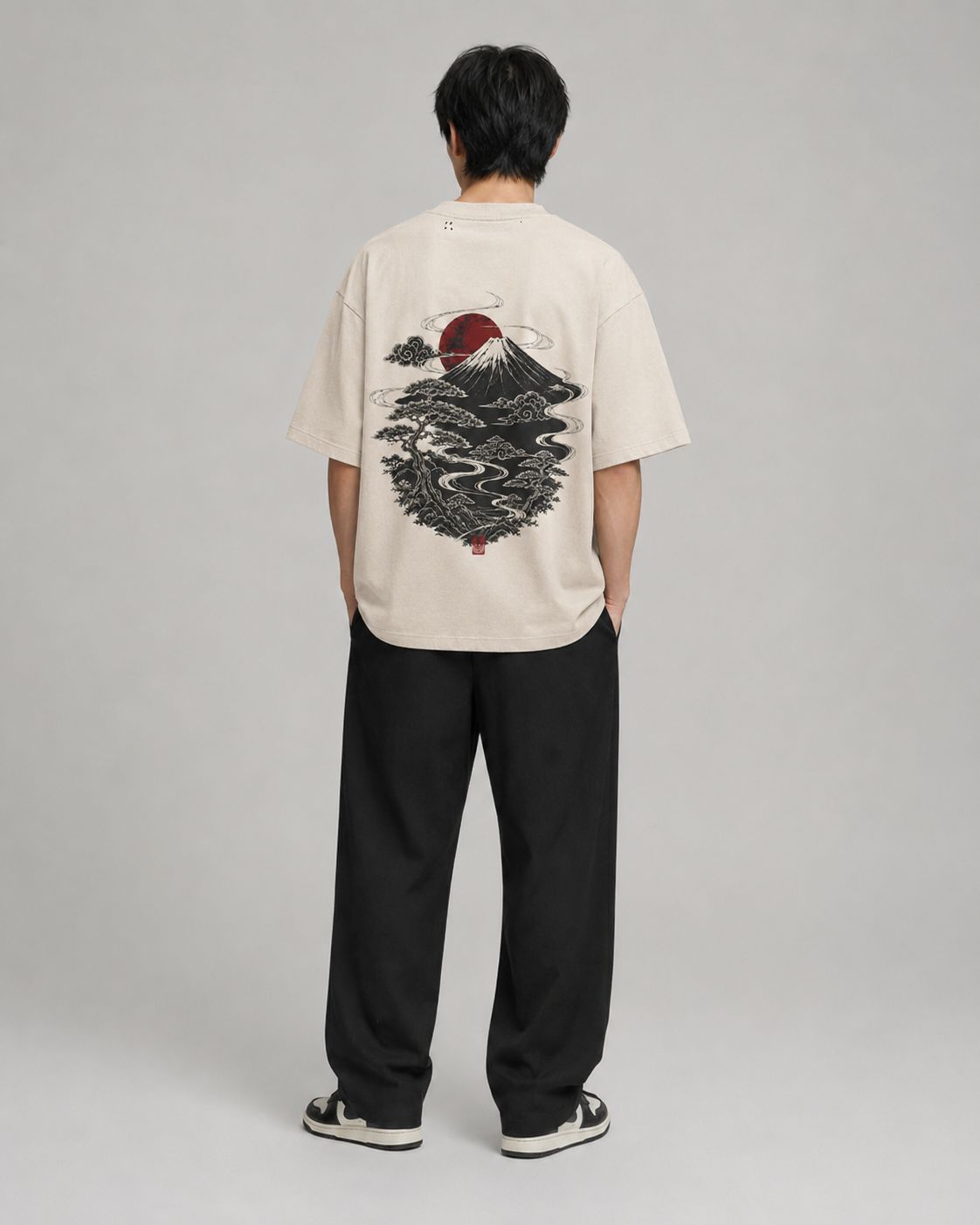 Model fit view of the KUROGANE Fuji Riverveil oversized Japanese streetwear T-shirt