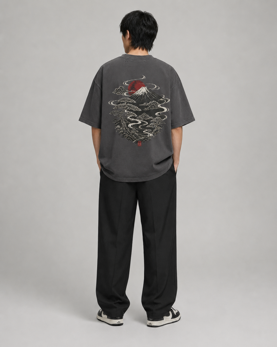 Model wearing the KUROGANE Fuji Riverveil oversized Japanese mountain streetwear tee