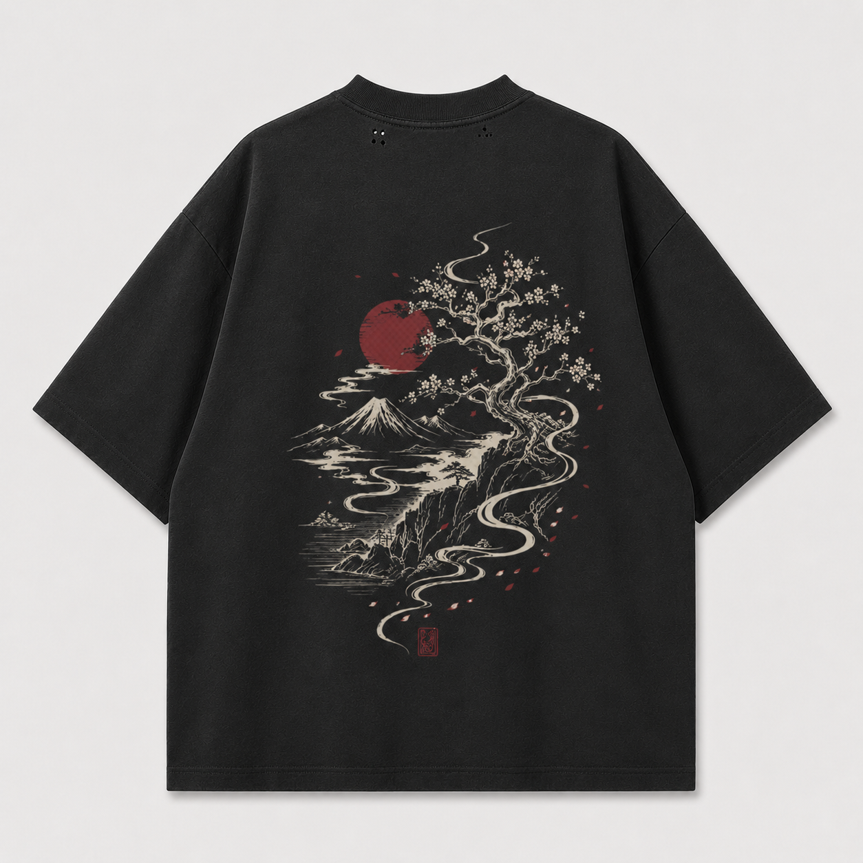 KUROGANE Hidden Village heavyweight oversized T-shirt product mockup with Japanese mountain village artwork
