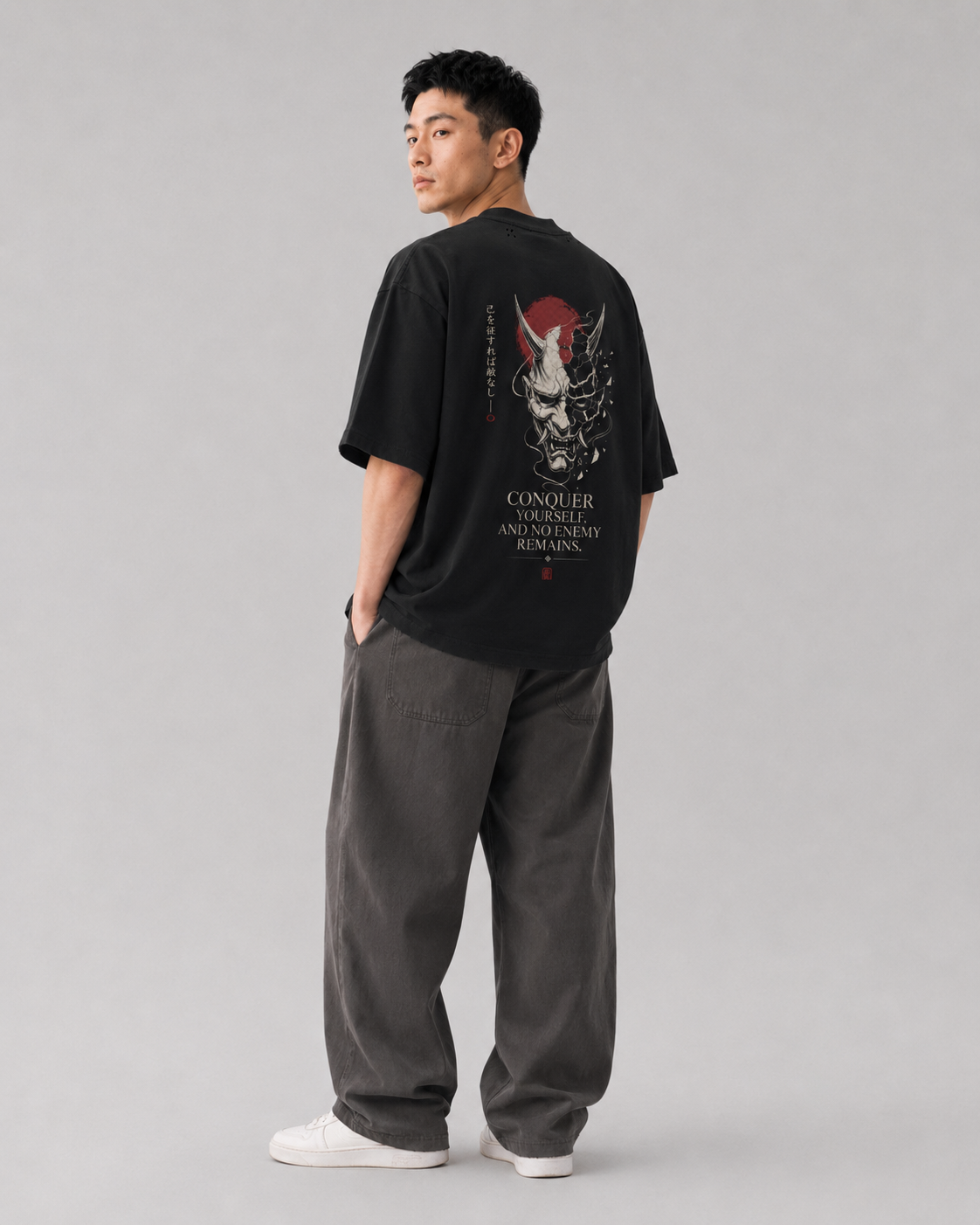Model fit view of the KUROGANE Inner Conquest Japanese oni graphic T-shirt
