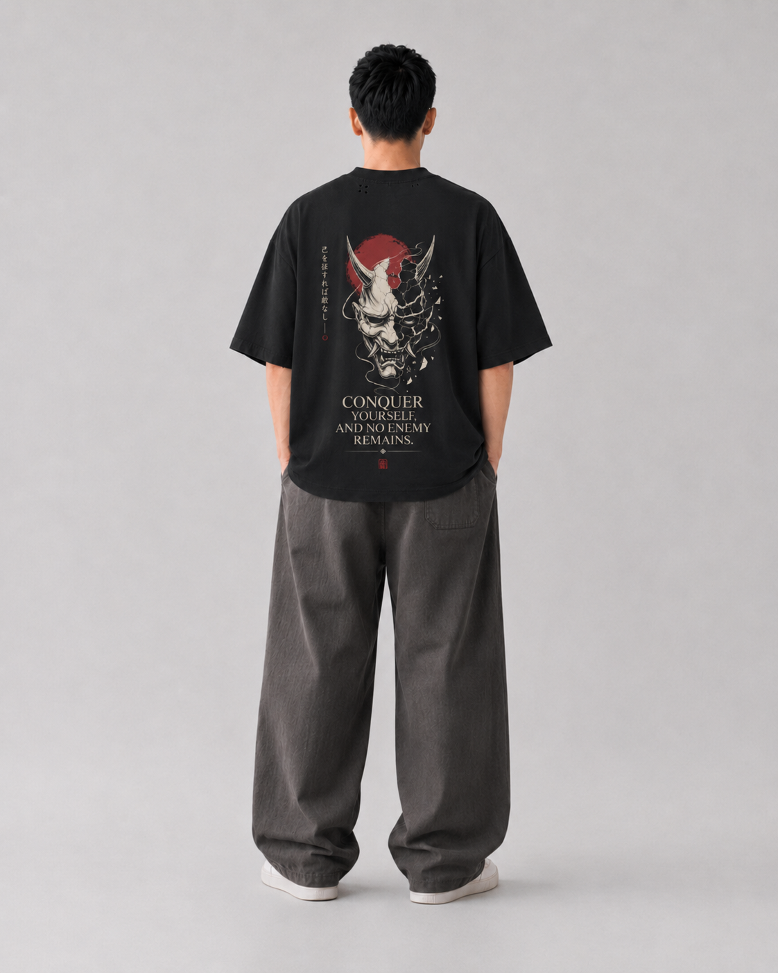 KUROGANE Inner Conquest heavyweight oversized Japanese streetwear tee shown on a model