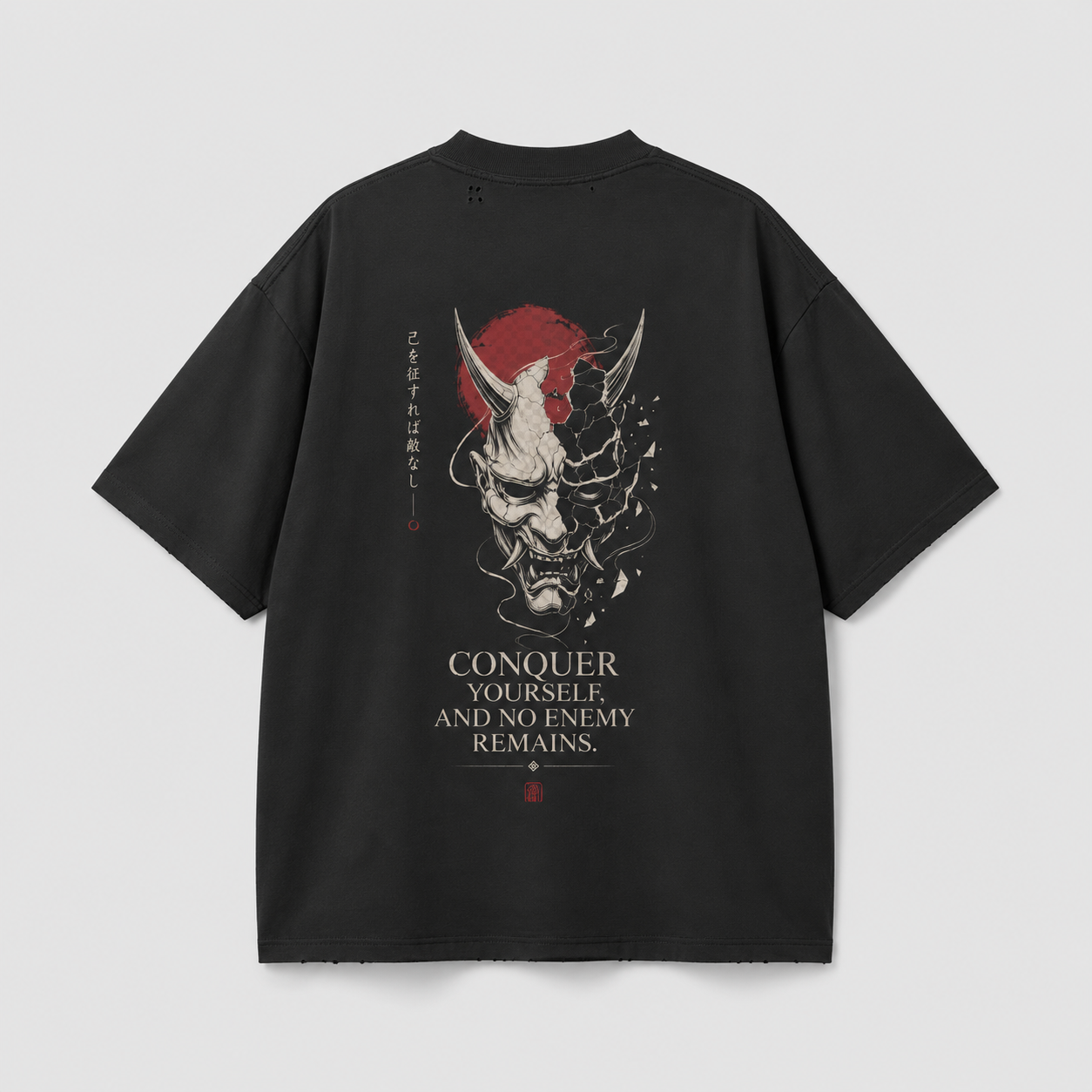KUROGANE Inner Conquest heavyweight oversized T-shirt product mockup with fractured oni artwork