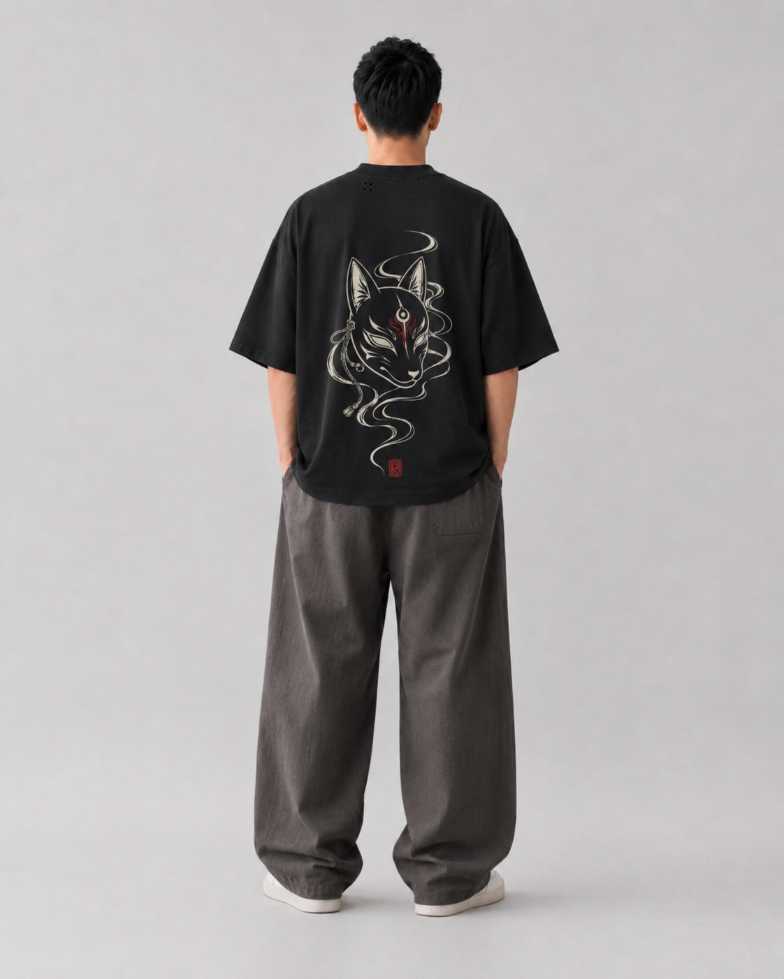 Model fit view of the KUROGANE Kitsune Veil oversized Japanese streetwear T-shirt
