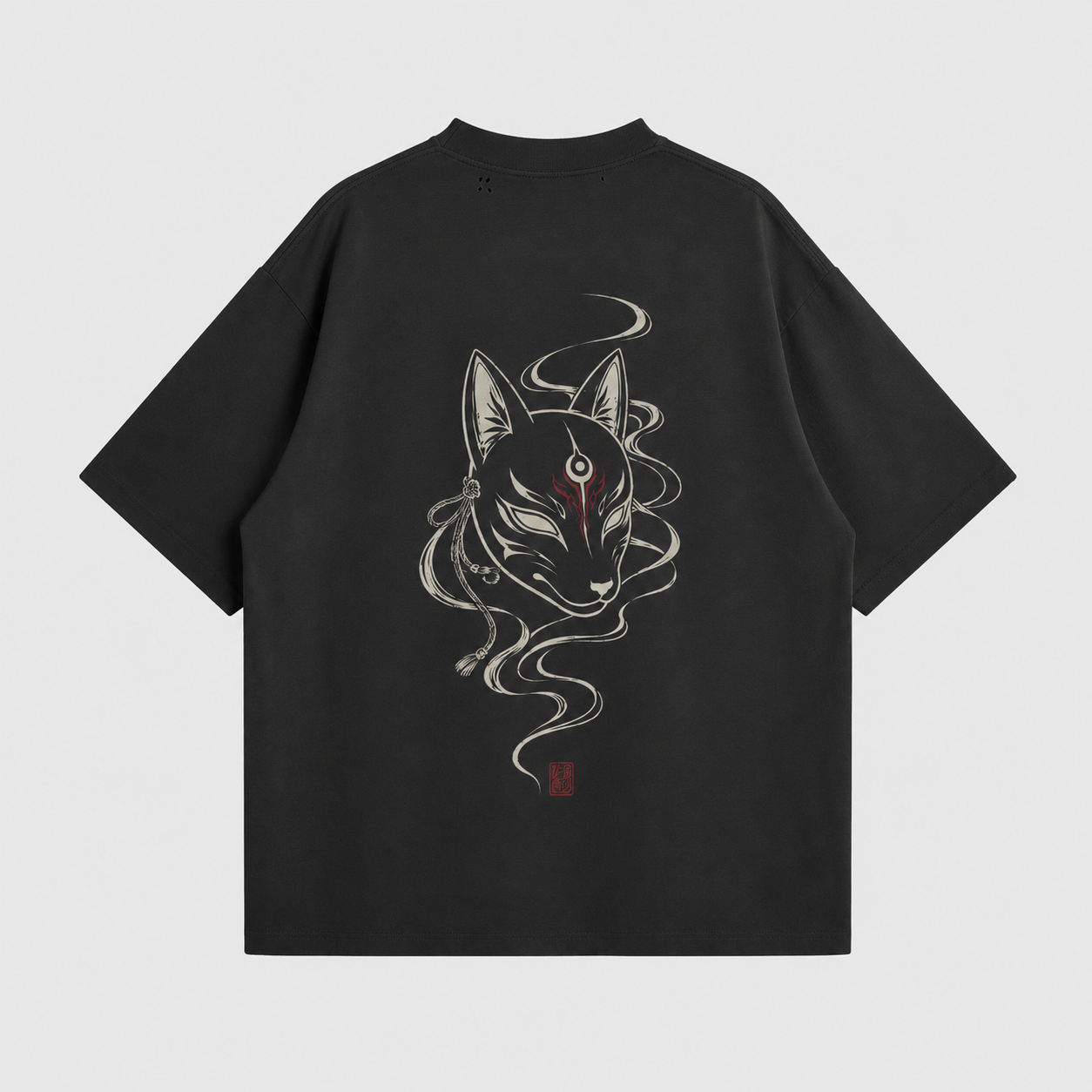 KUROGANE Kitsune Veil heavyweight oversized T-shirt product mockup with Japanese fox mask artwork