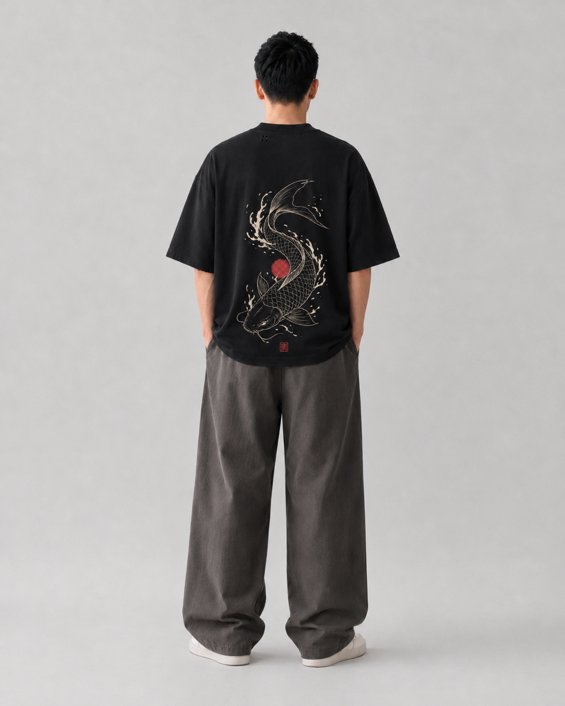 Model fit view of the KUROGANE Koi Ascendant oversized Japanese streetwear T-shirt