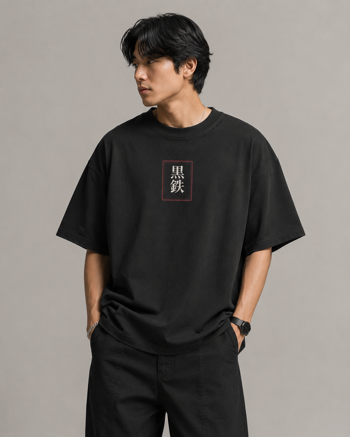 KUROGANE Moonlit Crossing heavyweight oversized Japanese koi T-shirt model view