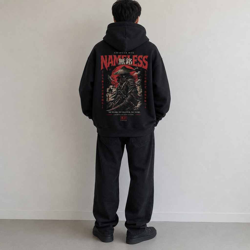 Black KUROGANE oversized hoodie with NAMELESS graphic