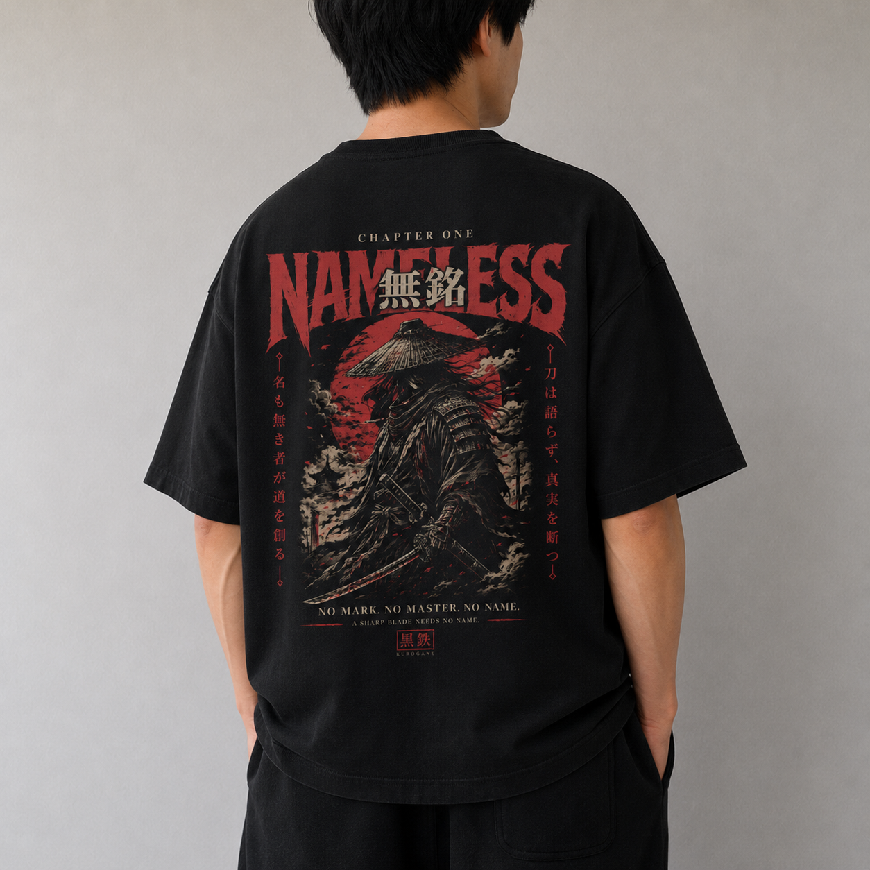 Black oversized KUROGANE t-shirt with NAMELESS Samurai graphic