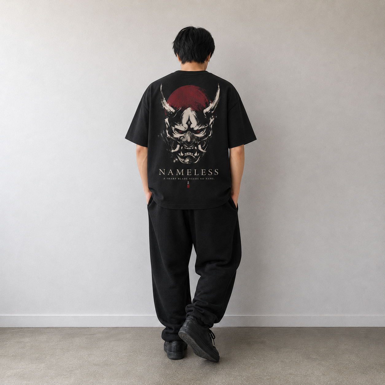 NAMELESS dark Japanese streetwear t-shirt lifestyle image