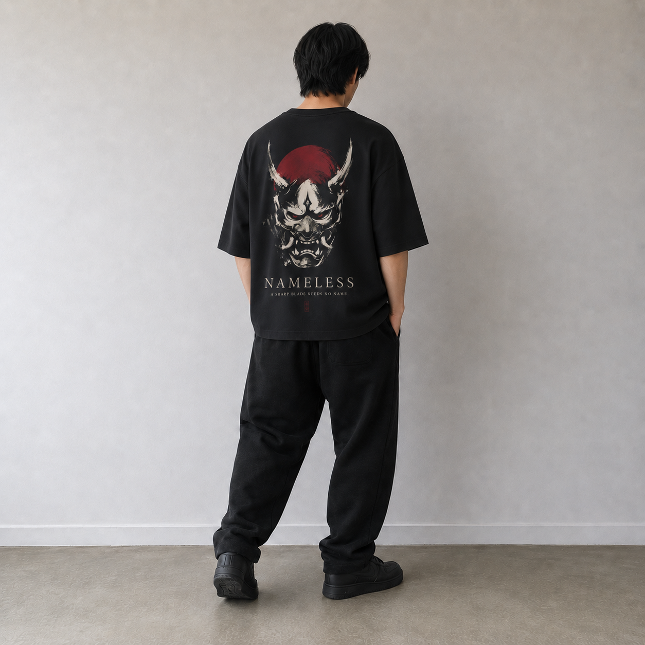 NAMELESS black graphic tee lifestyle image by KUROGANE