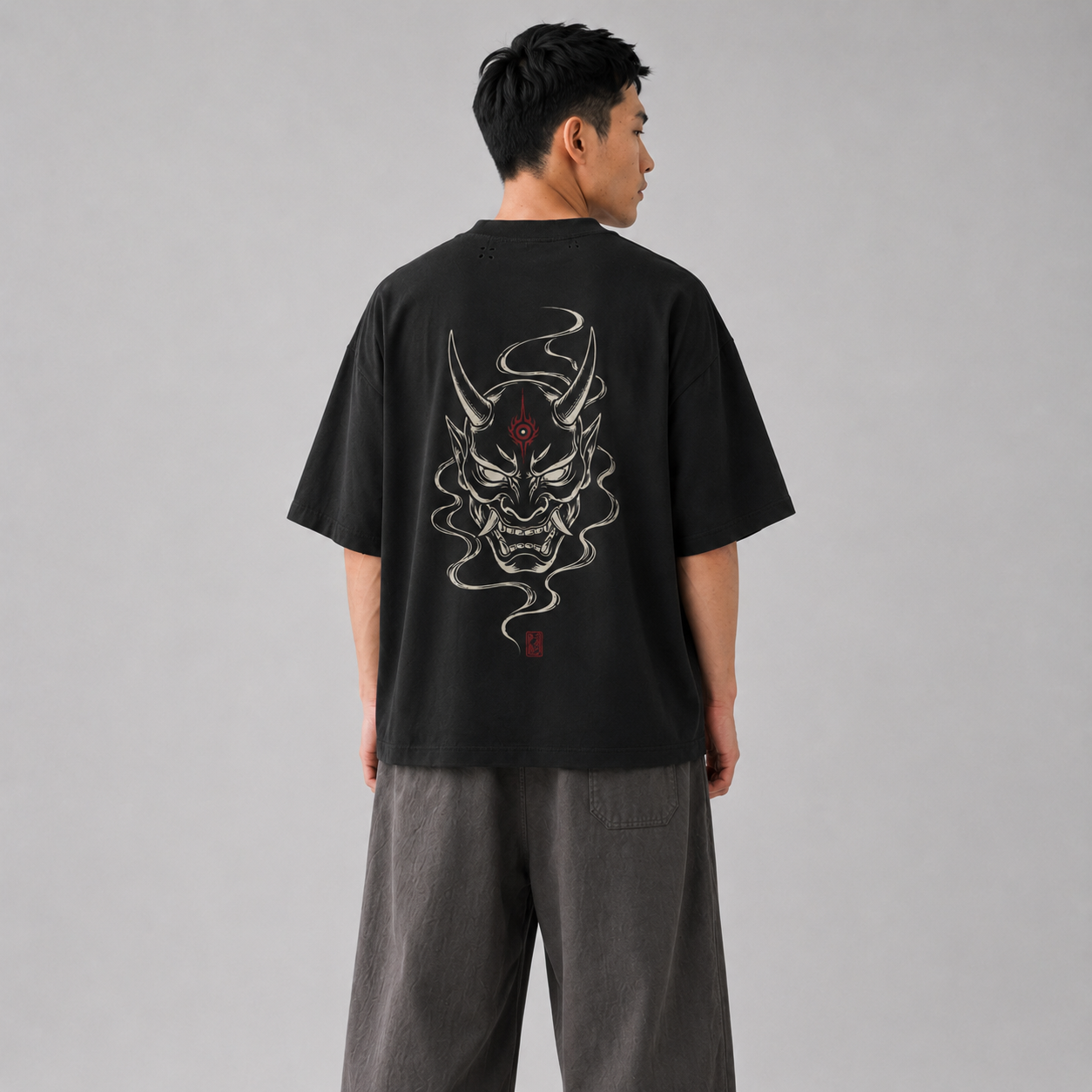 KUROGANE Oni Veil heavyweight oversized T-shirt product mockup with Japanese oni mask artwork