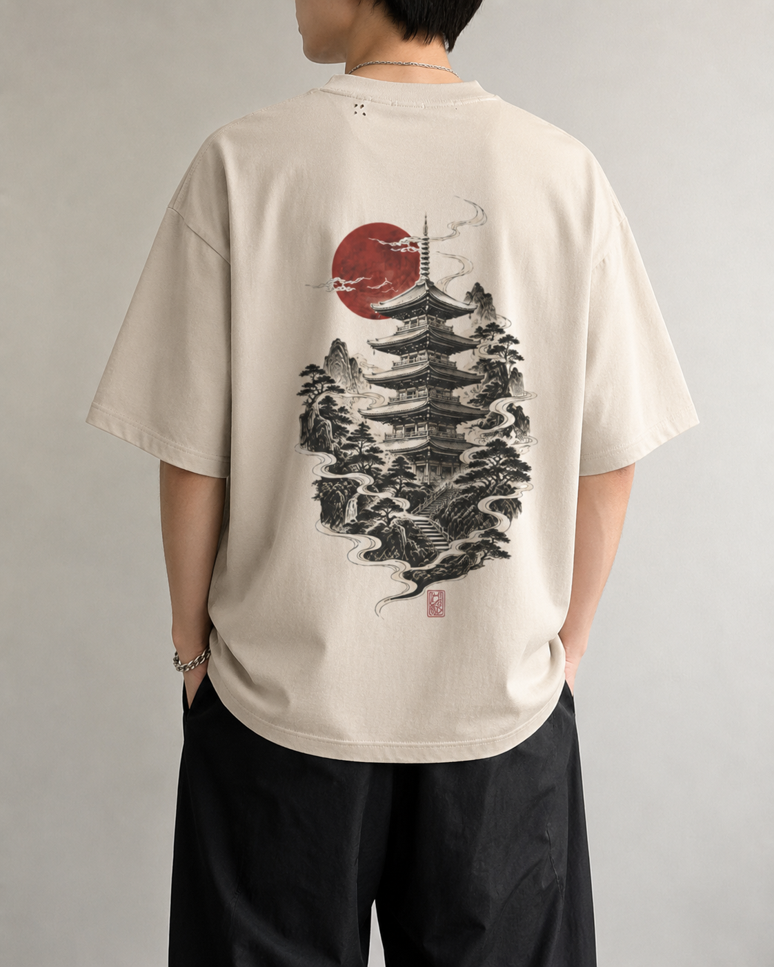 Model wearing the KUROGANE Sakura Watchtower heavyweight oversized Japanese landscape T-shirt